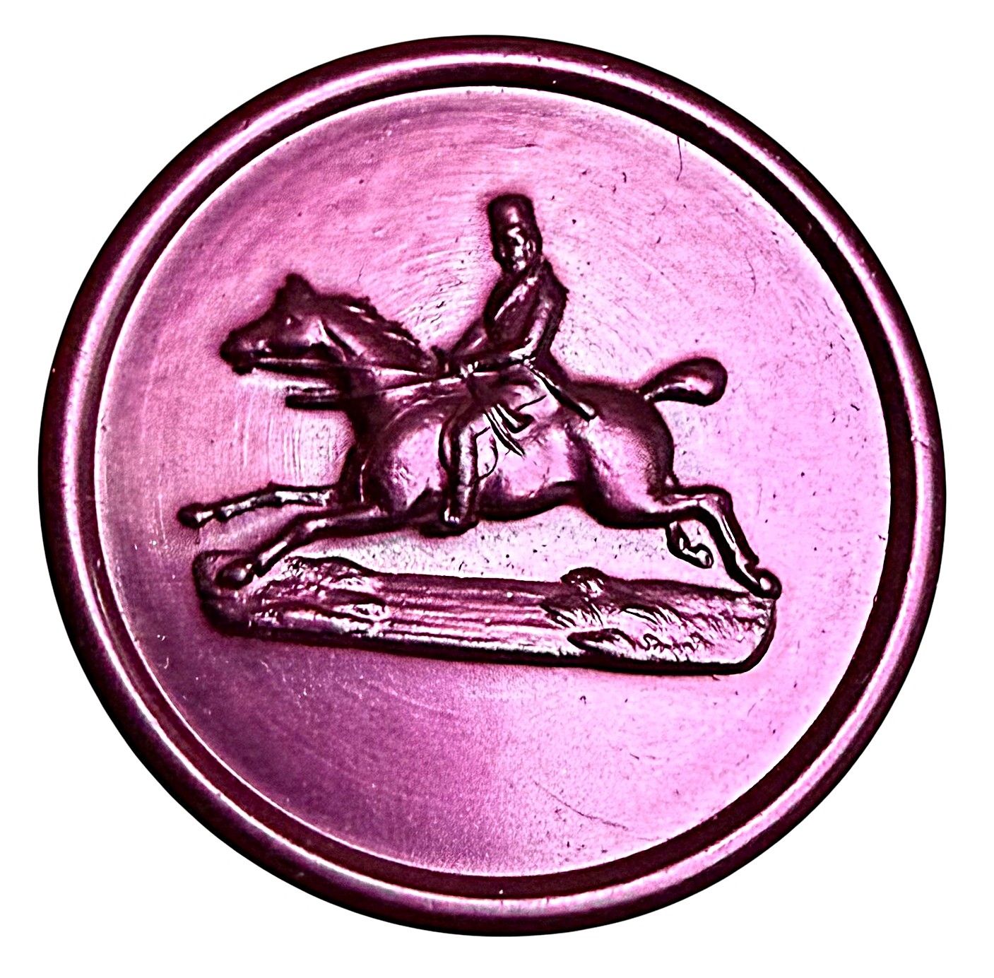 A VERY COOL PURPLE TINTED HORSE AND RIDER HORN BUTTON