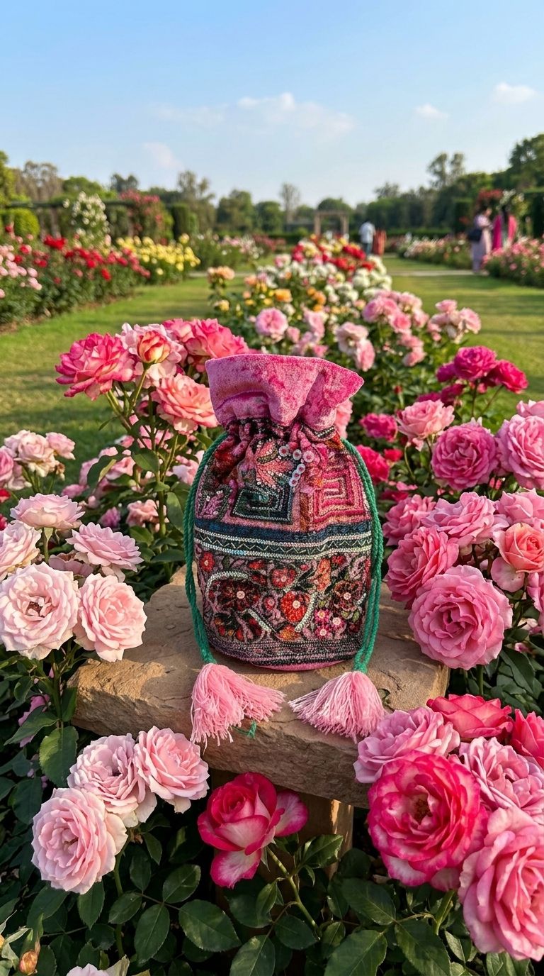 Pink hand crafted velvet potli/bucket bag