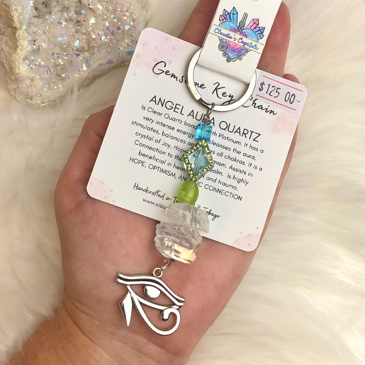 ANGEL AURA QUARTZ EYE OF HORUS – Gemstone Keychain – Stainless Steel