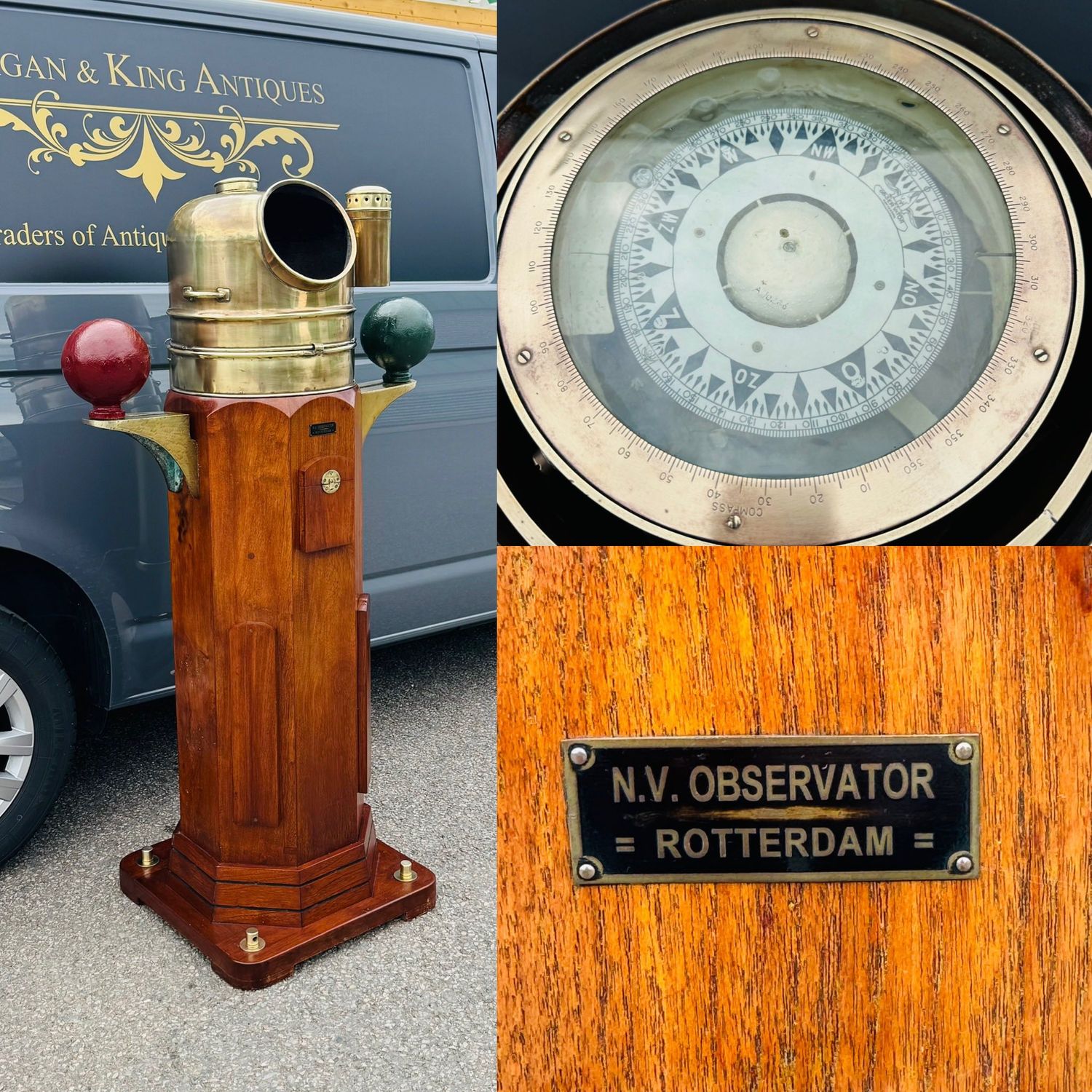 Vintage Brass & Mahogany Compass Binnacle by N.V Observator of Rotterdam c.1920-40’s