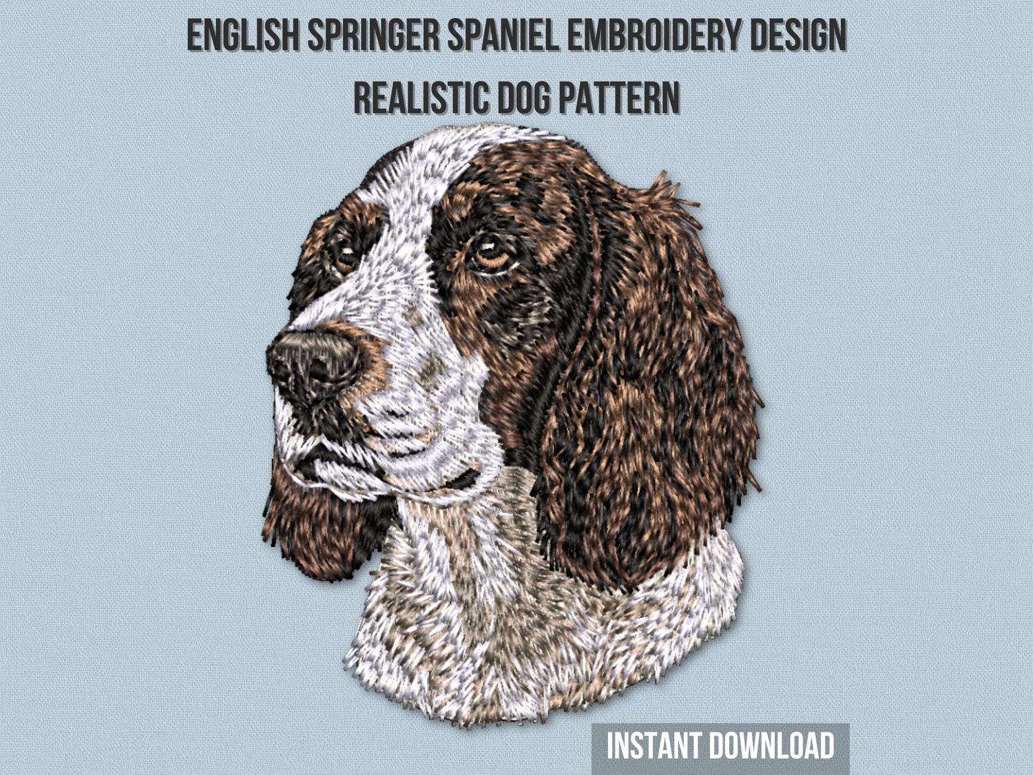 Photorealistic Springer Spaniel embroidery, liver and white fur texture, detailed dog portrait, machine stitch pattern.
