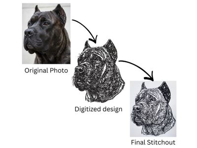 Three-step image showing a dog photo, its digitized embroidery design, and the final stitched version connected by arrows.