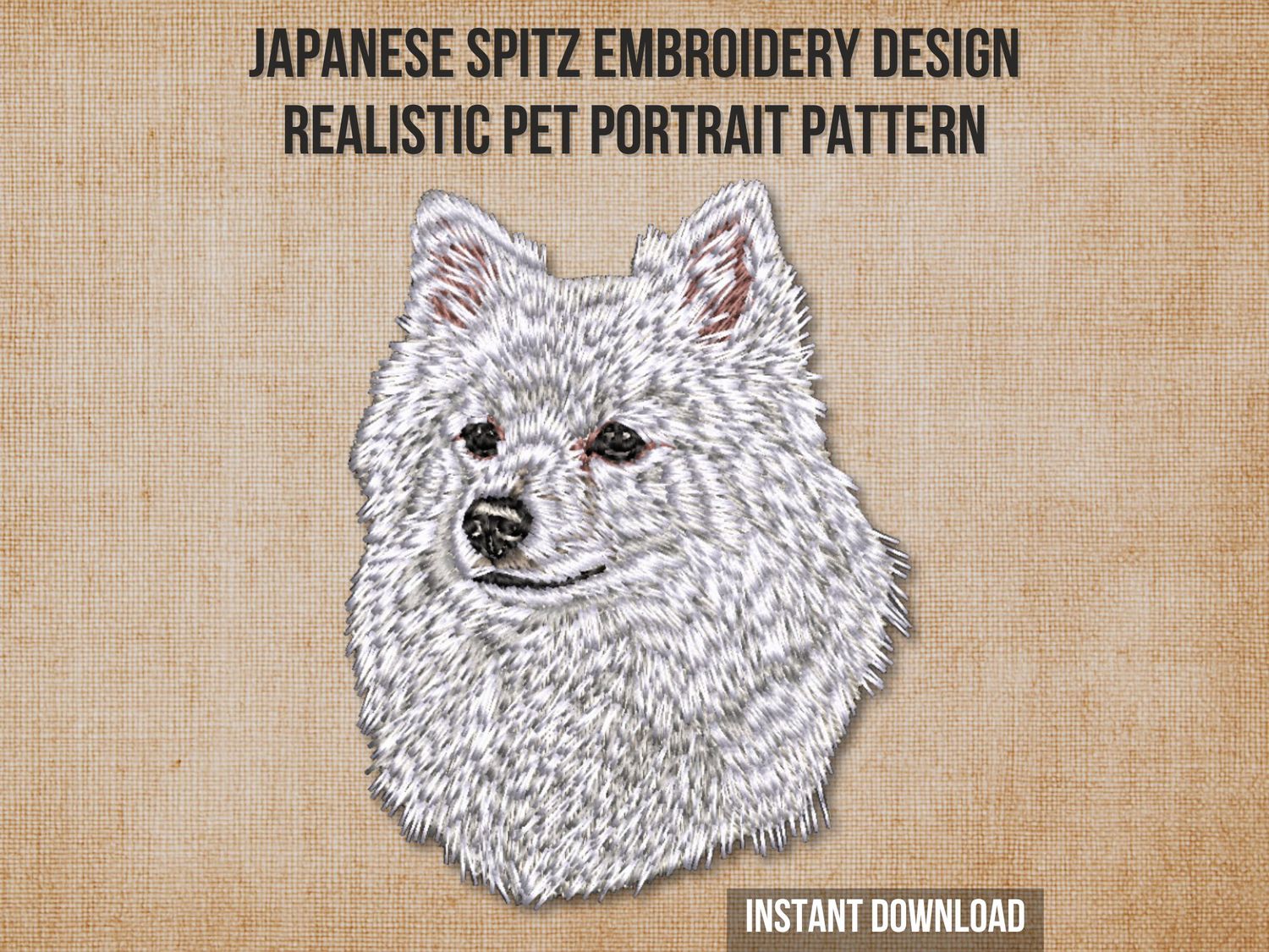 Embroidered Japanese Spitz dog head with fluffy fur and detailed facial features on a beige fabric background.