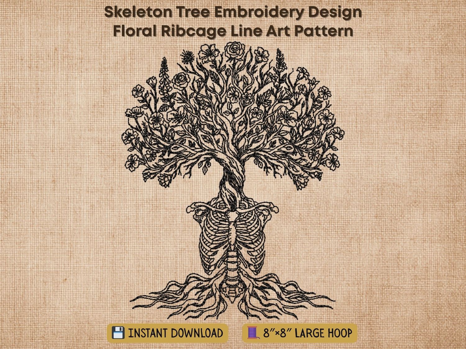 Line embroidery of a skeleton ribcage transforming into a tree with roots and blooming flowers on a light fabric background.