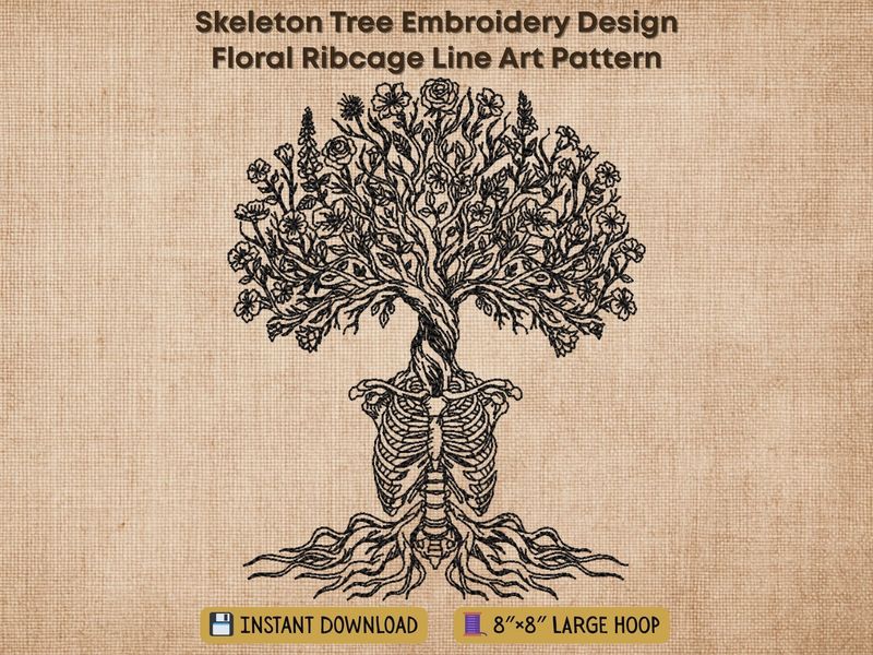 Line embroidery of a skeleton ribcage transforming into a tree with roots and blooming flowers on a light fabric background.