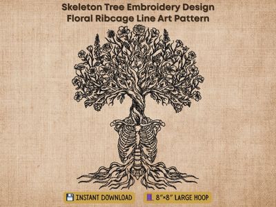 Line embroidery of a skeleton ribcage transforming into a tree with roots and blooming flowers on a light fabric background.