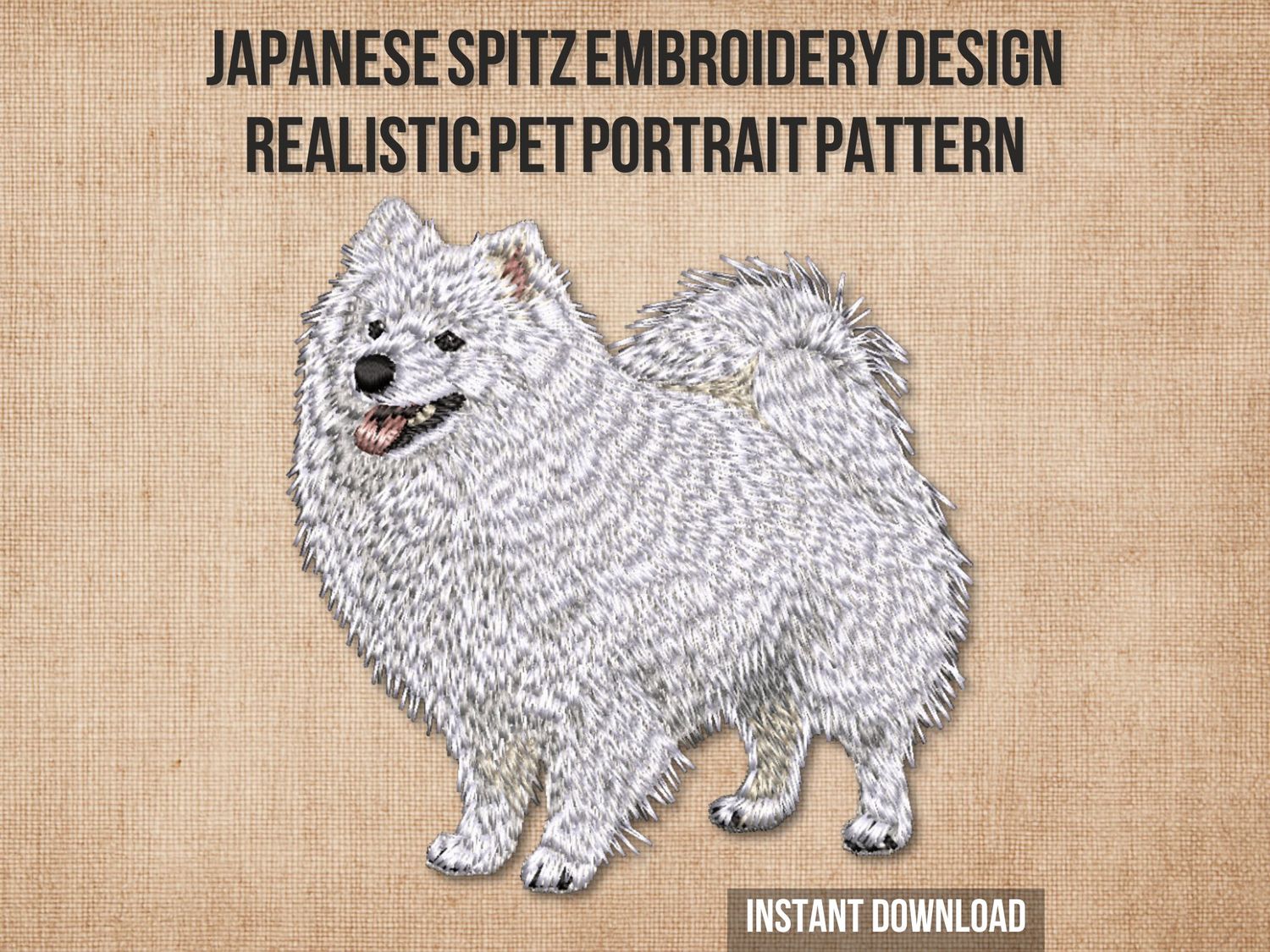 Realistic white Japanese Spitz embroidery showing its full fluffy body and plumed tail on tan fabric.