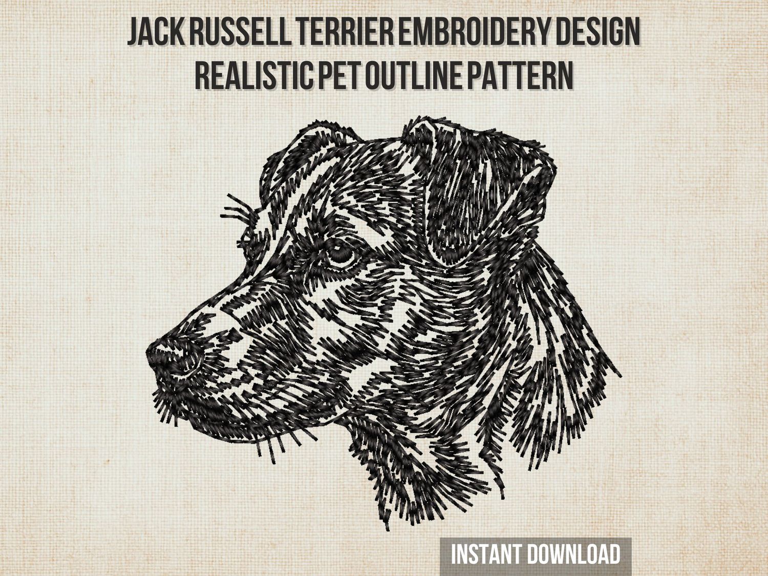 Black line embroidery of a Jack Russell Terrier dog head with detailed fur texture and alert expression on a light fabric.
