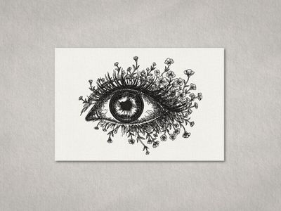 Black line embroidery of a human eye with lashes forming blooming flowers and stems on a light textured fabric background.