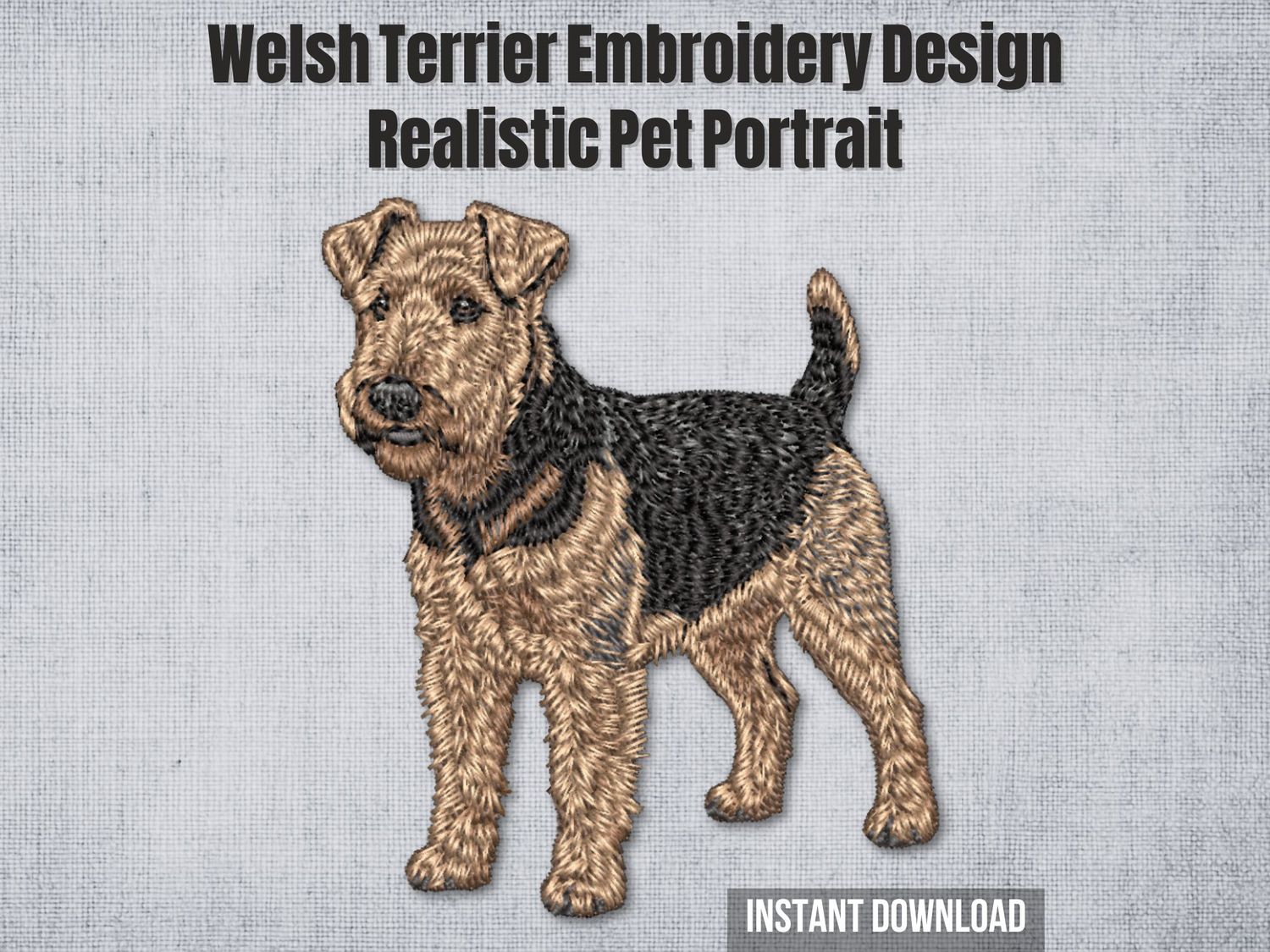 Embroidery of a Welsh Terrier dog in tan and black thread with wiry fur texture and alert stance on a light fabric background