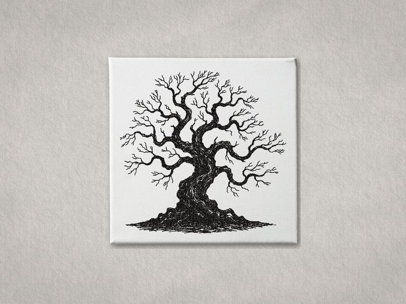 Black machine embroidery of a twisted oak tree sketch on a white stretched canvas frame.