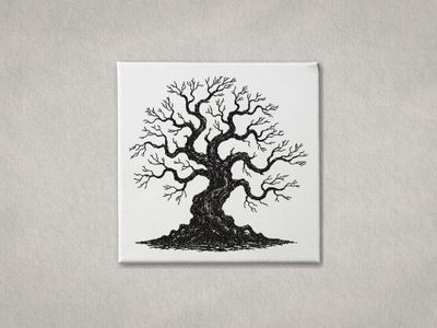 Black machine embroidery of a twisted oak tree sketch on a white stretched canvas frame.