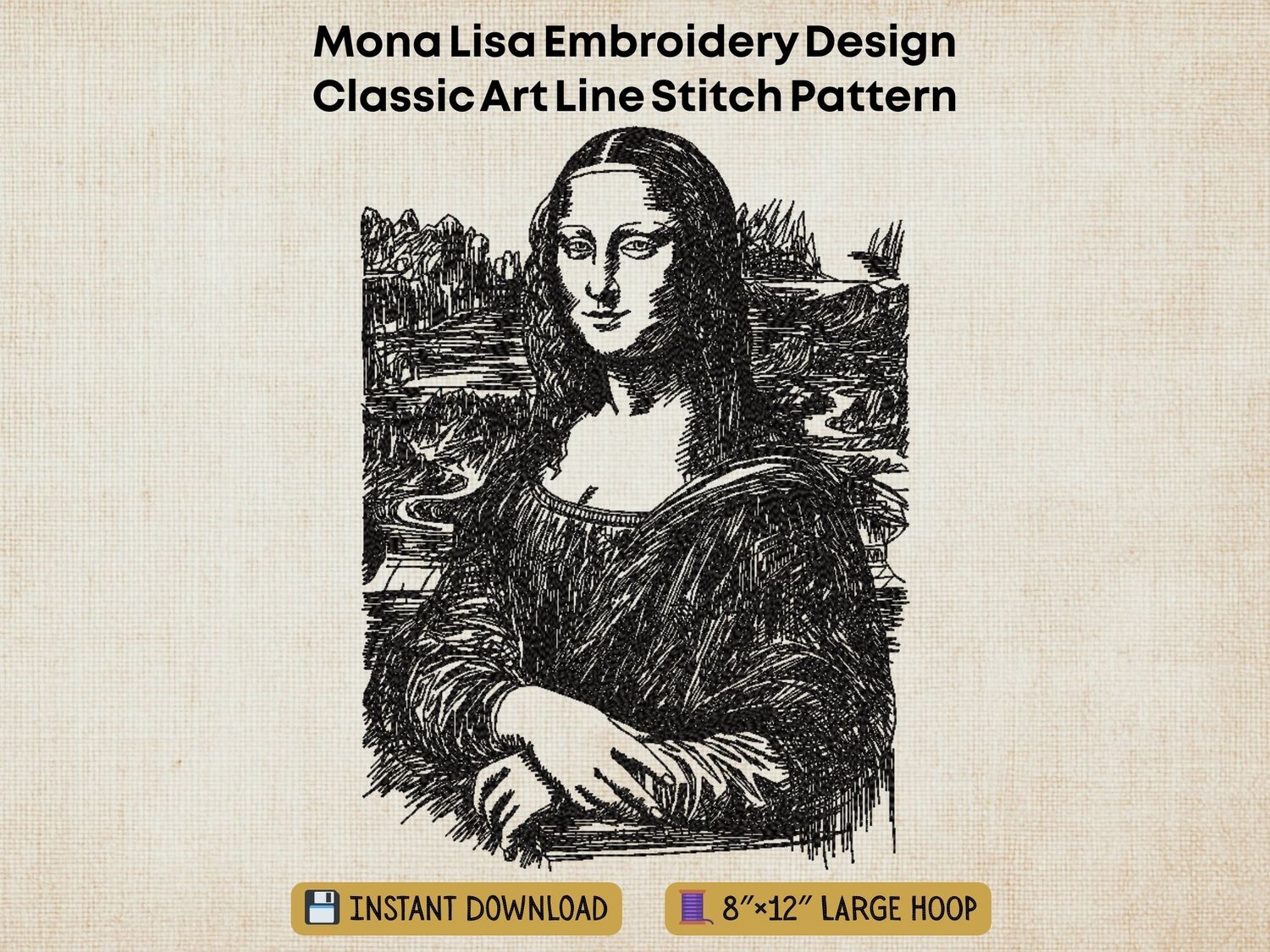 Black line-art Mona Lisa embroidery (20x30cm). Realistic sketch style with technical hatching and shading.
