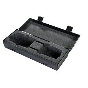 Hard black plastic hinged case shown open with two black catches and foam inserts with cut-outs for Sennheiser EK6042A packs