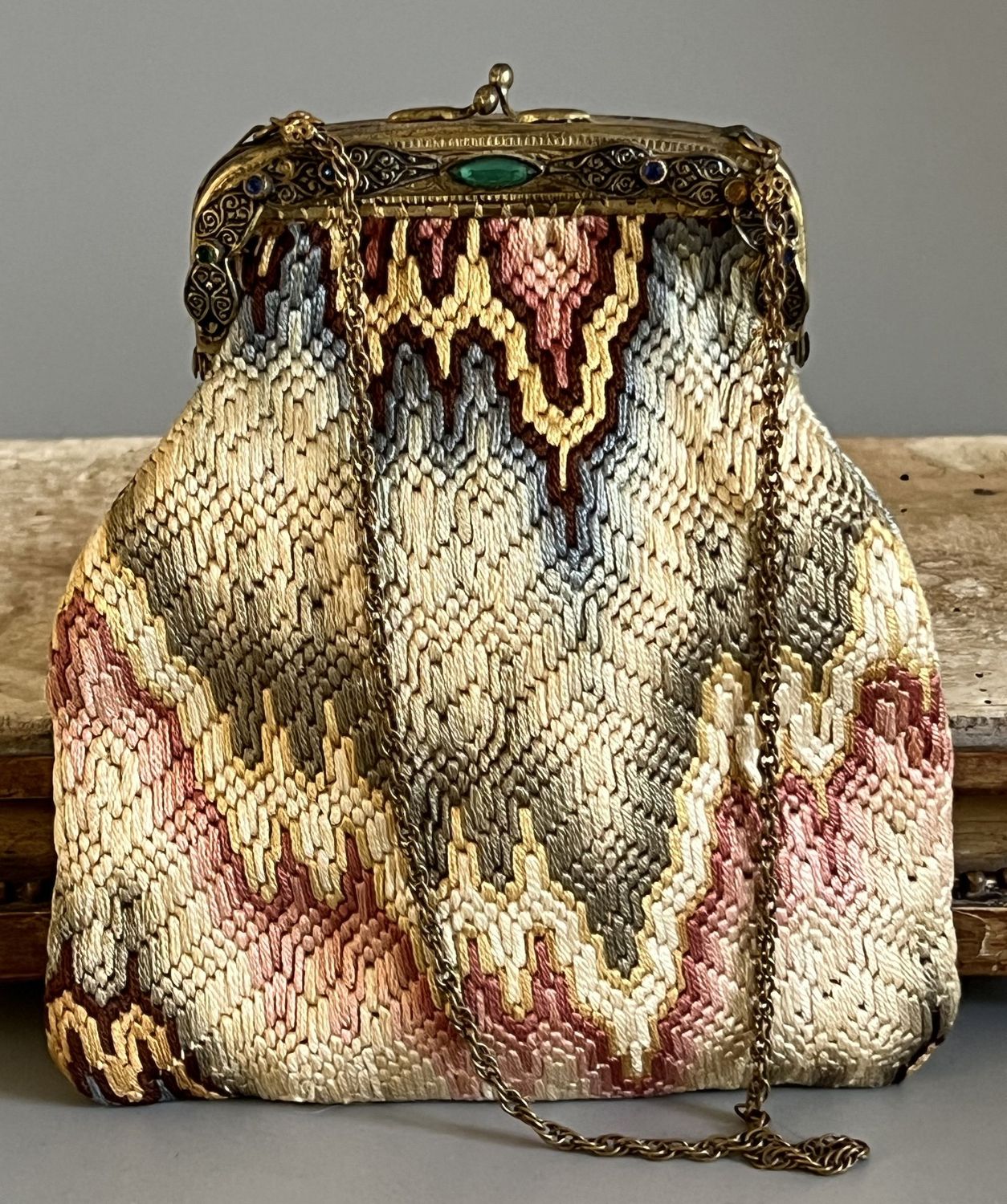 Early 20thc Hand Stitched Tiny Bag with Decorative Frame
