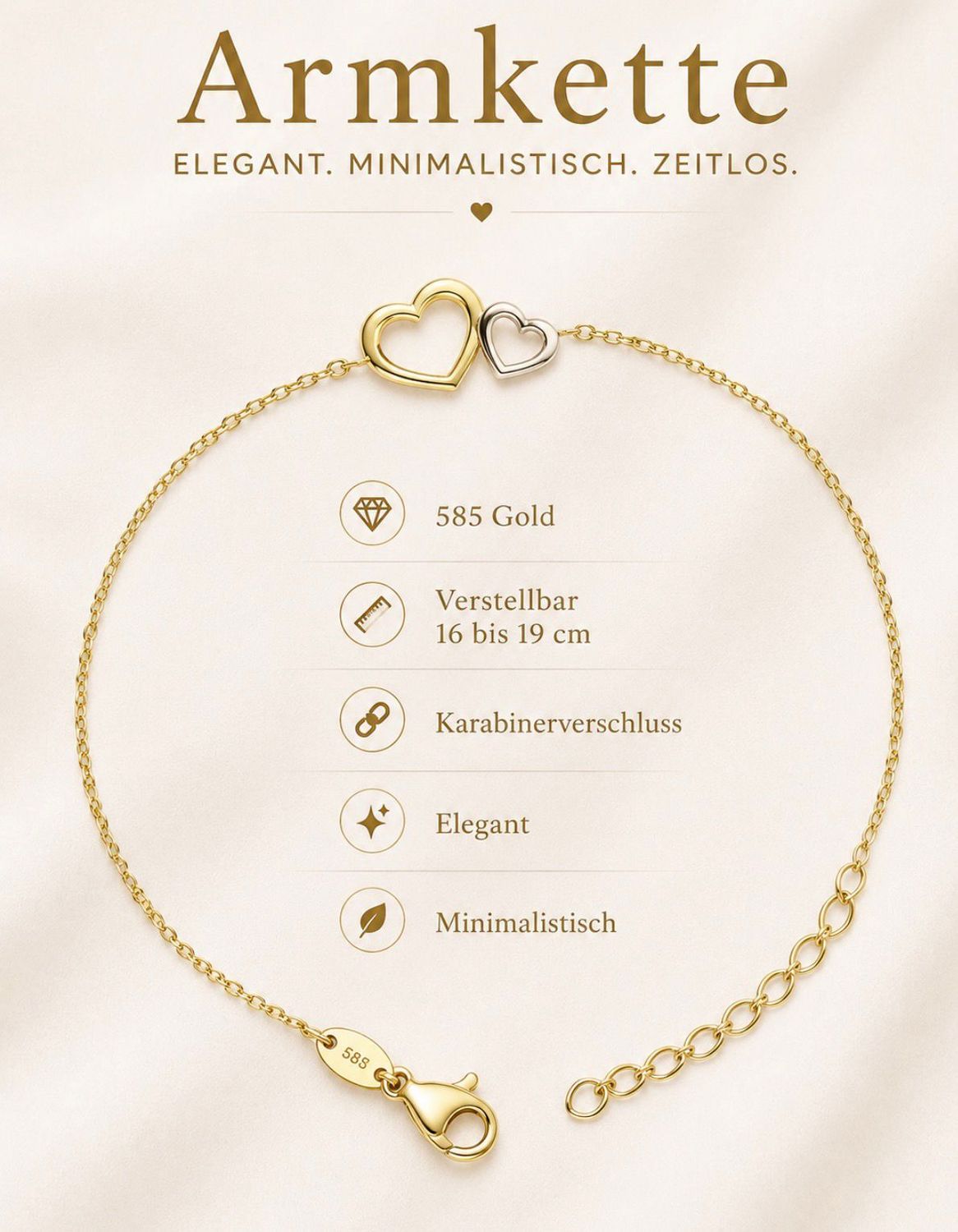 Armband Herz Doppelherz AnhängerWeiss und Gelbgold Gold 585 Glücksarmband 16 cm bis 19cm verstellbar Armband Herz Doppelherz AnhängerWeiss und Gelbgold Gold 585 Glücksarmband 16 cm bis 19cm verstellbar