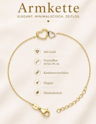Armband Herz Doppelherz AnhängerWeiss und Gelbgold Gold 585 Glücksarmband 16 cm bis 19cm verstellbar