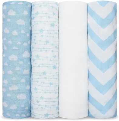 Comfy Cubs Muslin Swaddle Blankets (Pack of 4) – Blue Raindrops