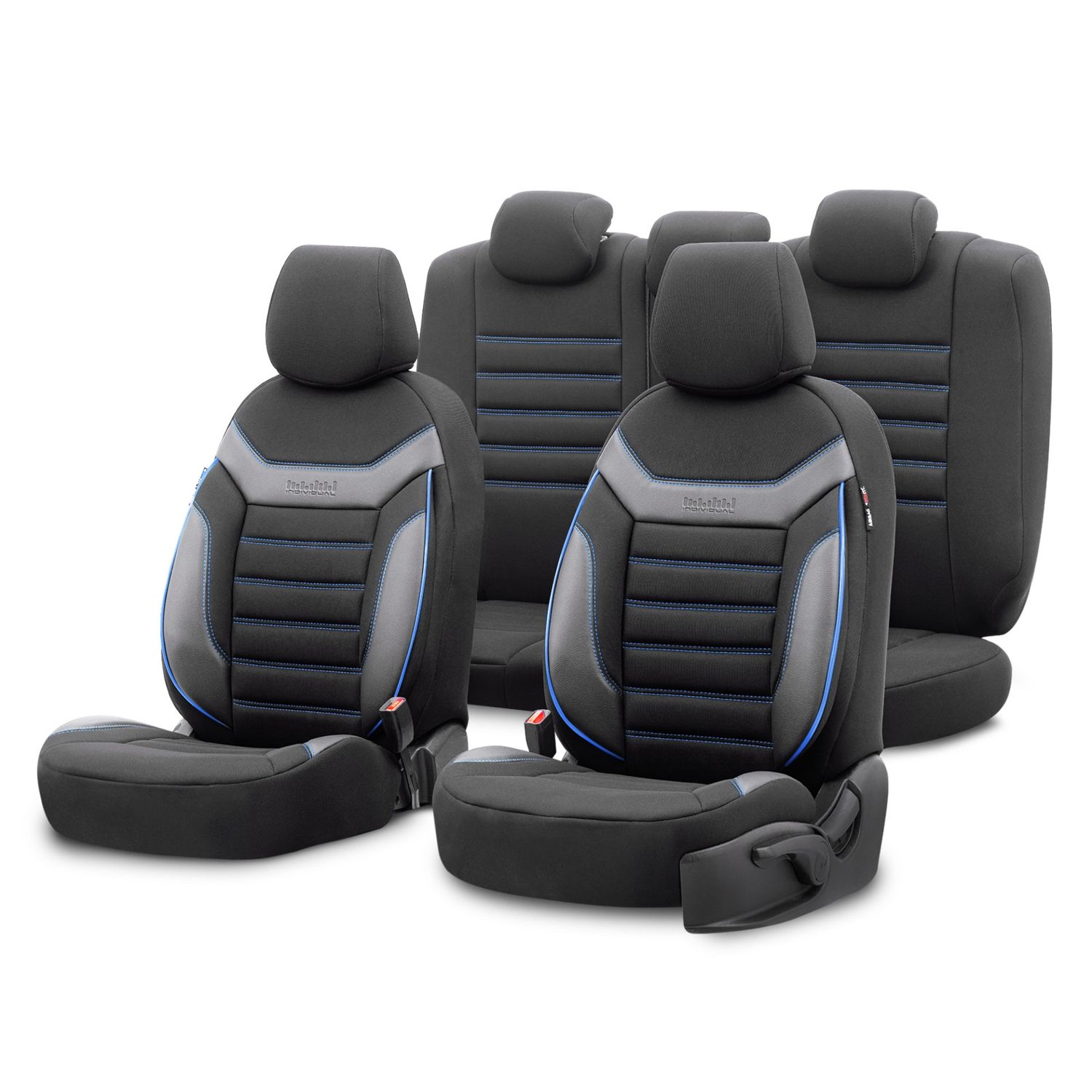 Otom Huse Scaune Auto Negru Lux Premium Piele ecologică si textil Set Complet INDIVIDUAL Design Negru cu cusături albastre