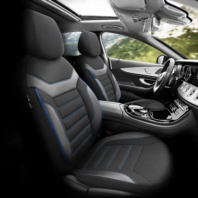 Otom Huse Scaune Auto Negru Lux Premium Piele ecologică si textil Set Complet INDIVIDUAL Design Negru cu cusături albastre