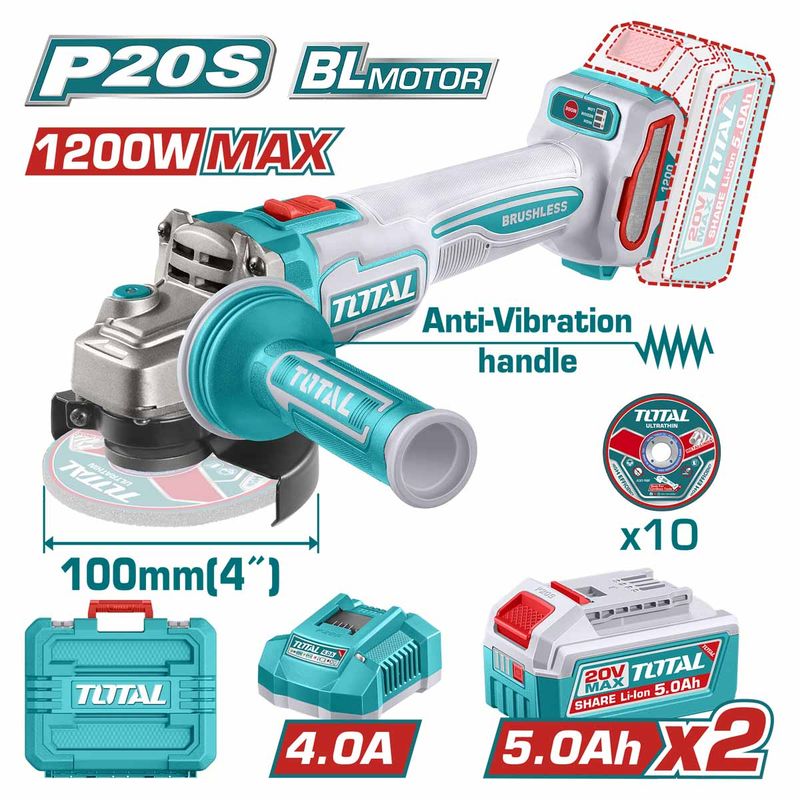 TOTAL TAGLI2120232 20V Brushless Cordless Angle Grinder – 1200W | 3-Speed | Dual 5.0Ah Batteries | 100mm Disc