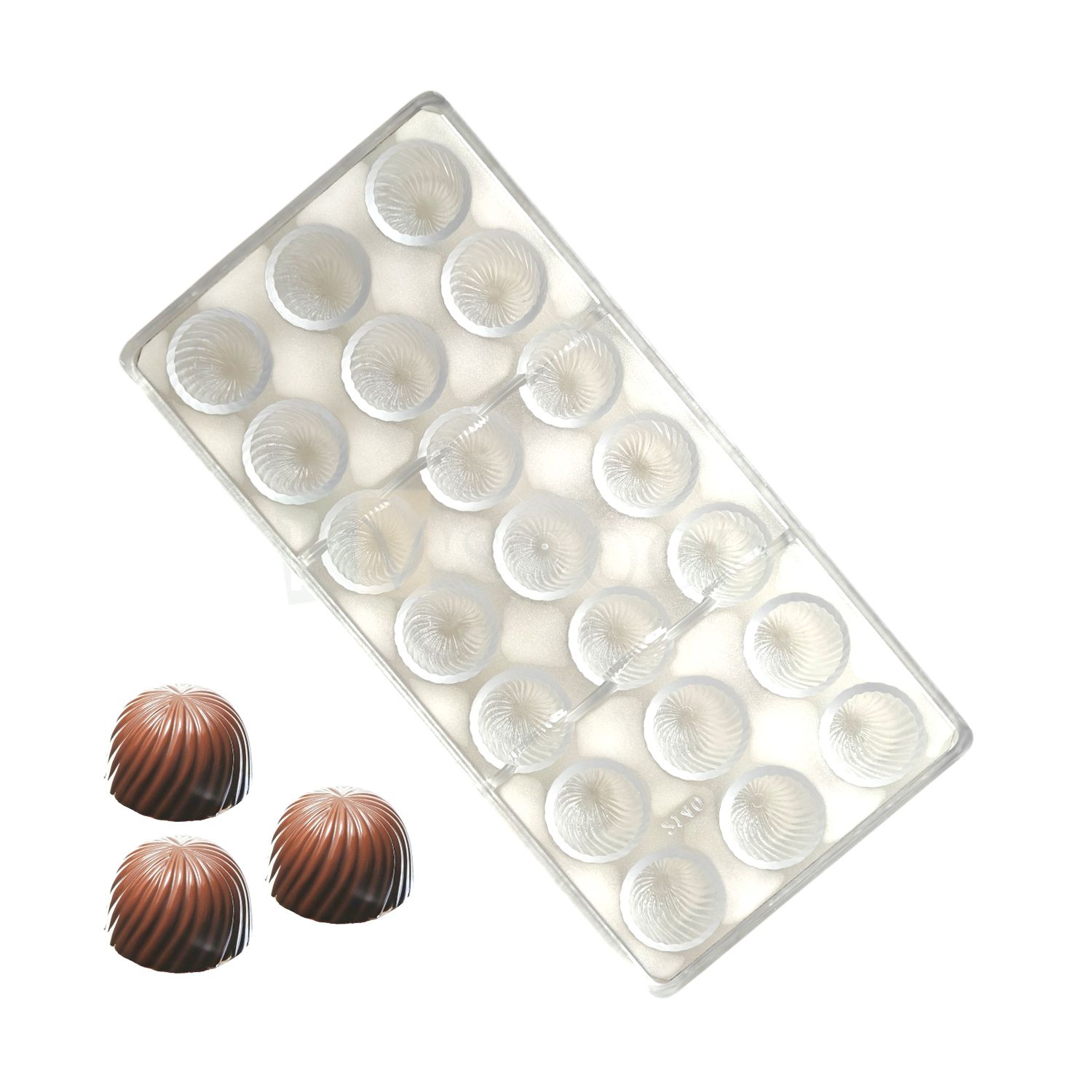 1 PC Size 10.7 x 5.2 Inches, Thickness 0.9 Inch Rectangle 21 Cavity, Spiral Design Semi Sphere Shape Polycarbonate Chocolate Mould, Gummy Jelly Candy, Ice-cubes Mold Birthday Theme DIY Cake Decoration
