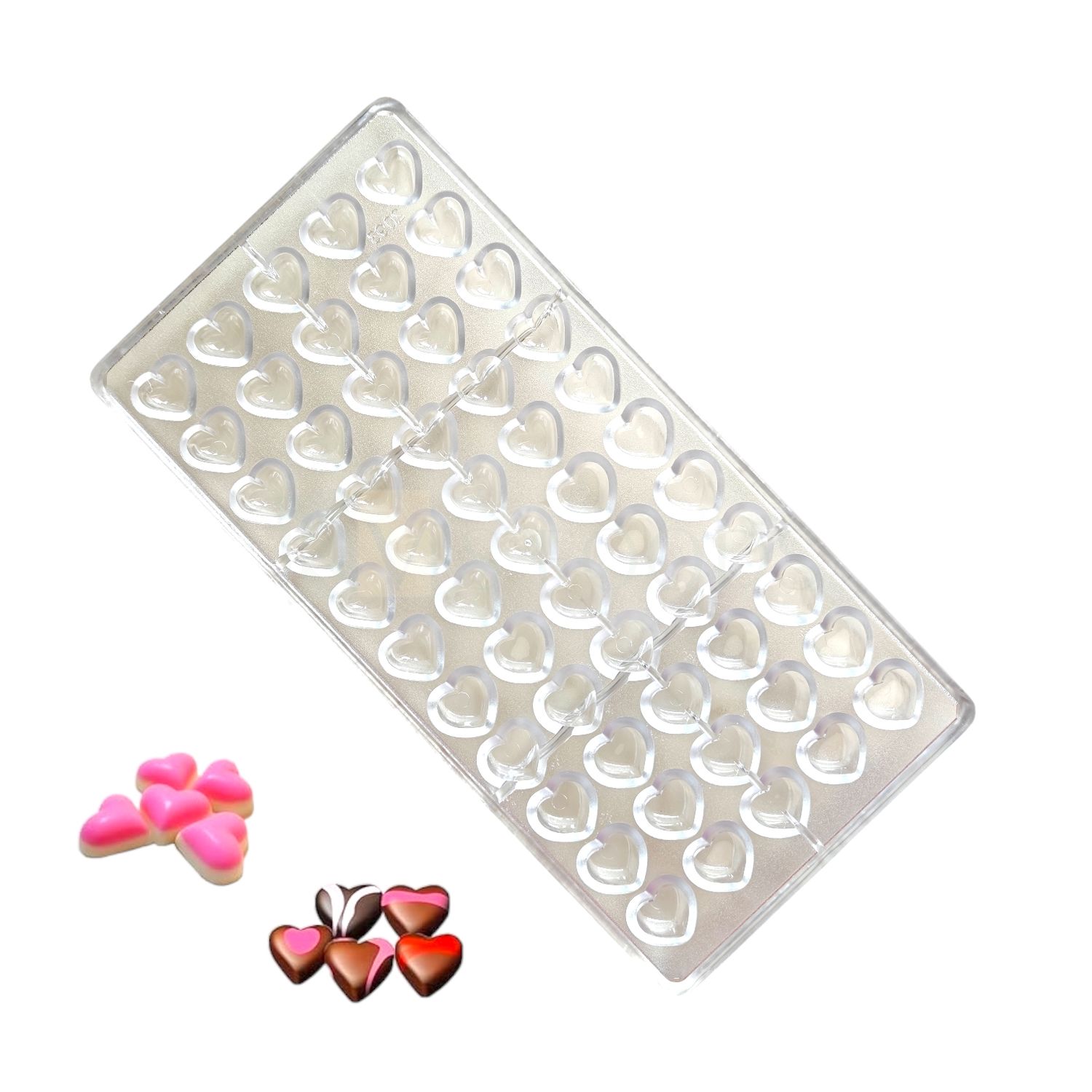 1 PC Size 10.7 x 5.2 Inches, Thickness 0.9 Inch, 55 Cavity Cute Little Heart Shape Polycarbonate Chocolates Mould, Gummy Jelly Candy, Ice-cubes Mold Valentine, Wedding, Love Theme DIY Cake Decorations
