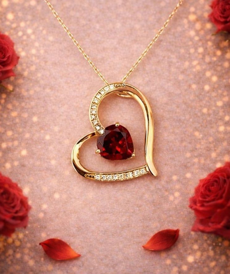 "Heart within a Heart", Red Garnet, Diamond Necklace