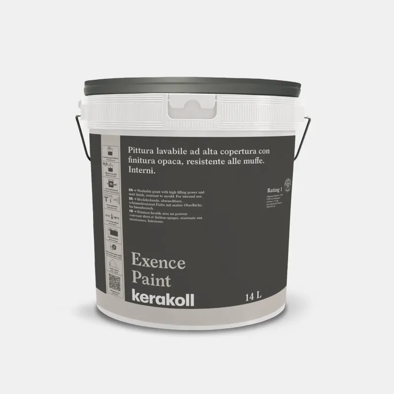 Secchio di pittura Kerakoll Exence Paint, pittura bianca lavabile e resistente alla muffa per interni.