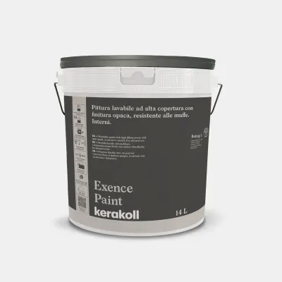 Secchio di pittura Kerakoll Exence Paint, pittura bianca lavabile e resistente alla muffa per interni.