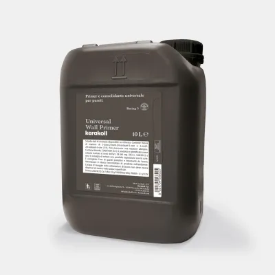 Tanica di Universal Wall Primer Kerakoll, primer consolidante trasparente per il trattamento di intonaci e pareti esterne.