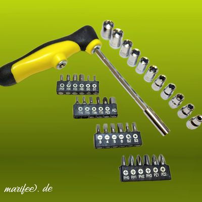 Schraubendreher-Set, T-Griff, 37-teilig mit Stecknüsse und Bits