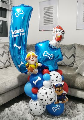 Paw Patrol Balloon Stack with Personalised Blue Number And Characters