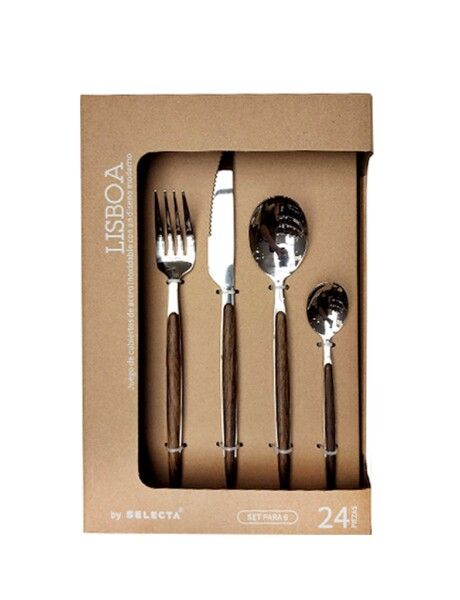 SET 24 PIEZAS CUBIERTOS MANGO MADERA LISBOA