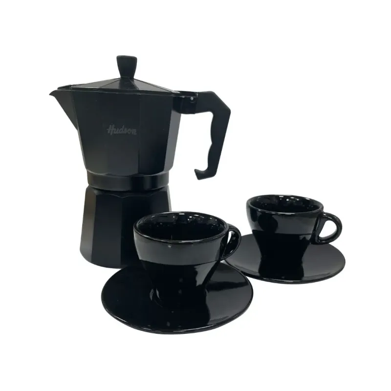 SET CAFETERA ITALIANA +2 POCILLOS NEGRO HUDSON