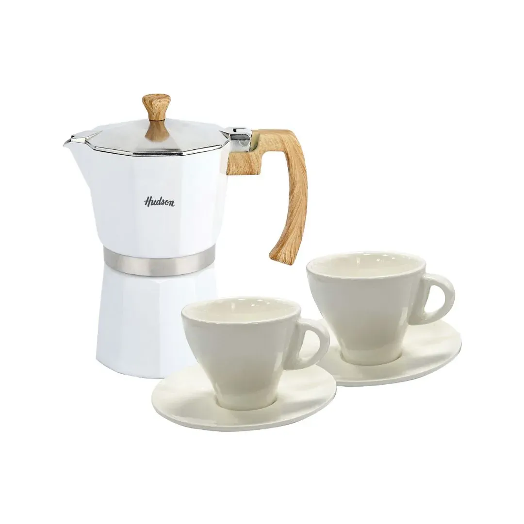 SET CAFETERA ITALIANA +2 POCILLOS BLANCO HUDSON
