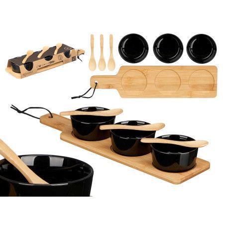 SET 3 DIPS CERAMICA NEGRO C/CUCHARA TABLA MADERA KINVARA