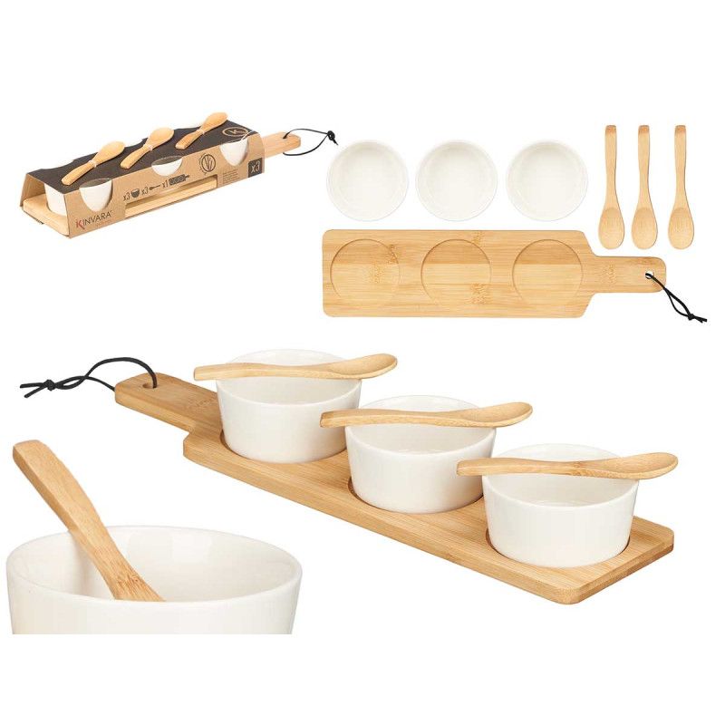 SET 3 DIPS CERAMICA C/CUCHARA TABLA MADERA KINVARA