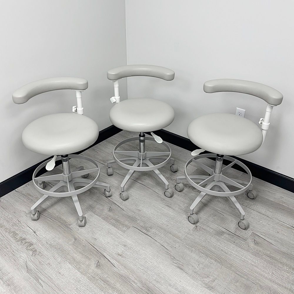 SET of 3 - ADEC 1622 (White) Dental Assistant Stools - Original Vinyl Upholstery *Excellent Used Condition (Light Grey)