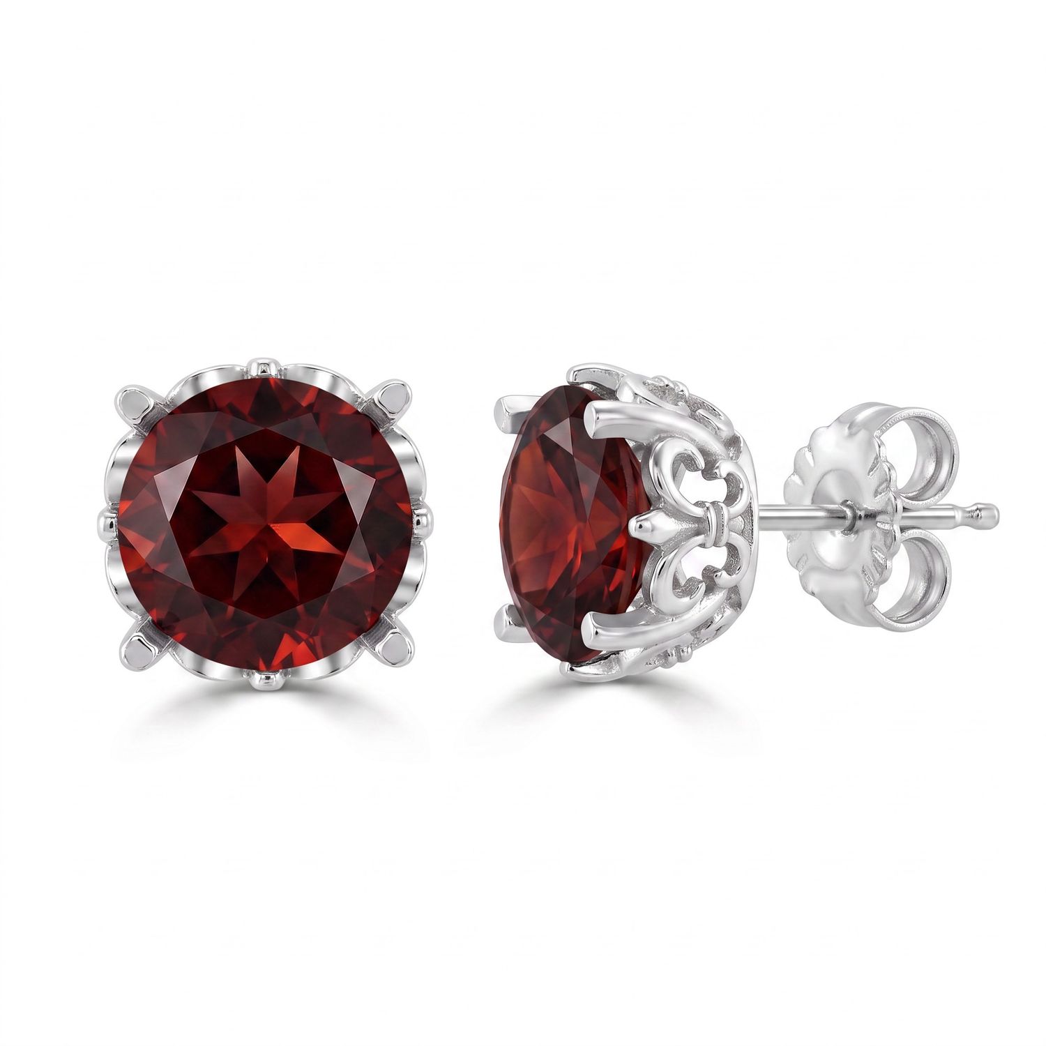 Sterling Silver Fleur De Lys Garnet Stud Earrings