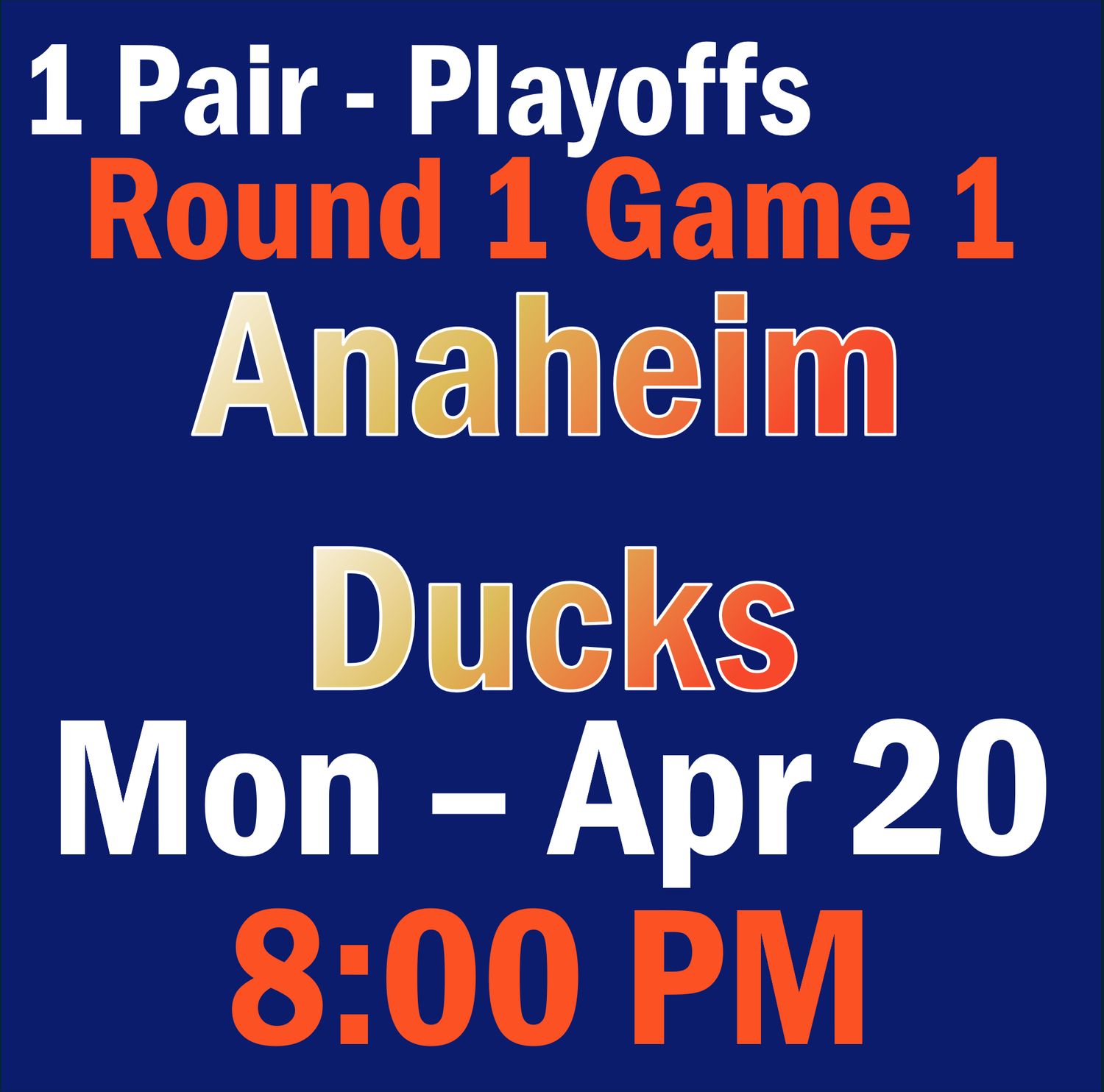 Playoffs R1G1 April 20 vs Anaheim Ducks Sec 222, Row 3, Seats 7-8