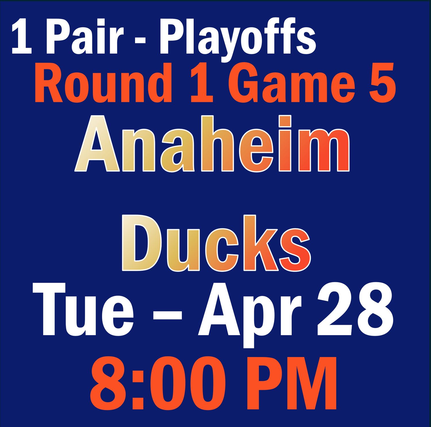 Playoffs R1 Home Game 3 April 28 vs Anaheim Ducks Sec 223, Row 4, Seats 7-8