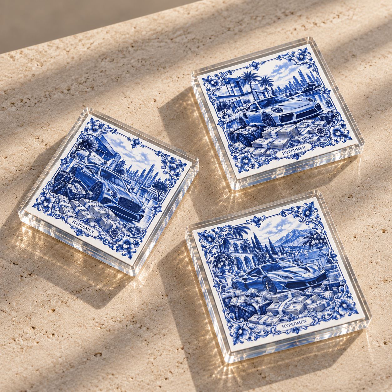 Delft Blue Luxury Cars Coasters - set of 3