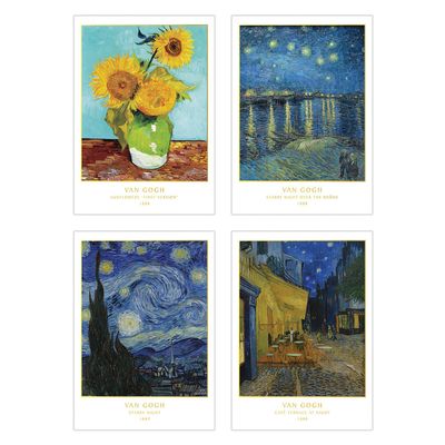 Van Gogh - Set of 4 Gold Foil Printed Wall Art Prints, Starry Night, Sunflowers, Café Terrace at Night, Starry Night over the Rhone, Framed or Unframed