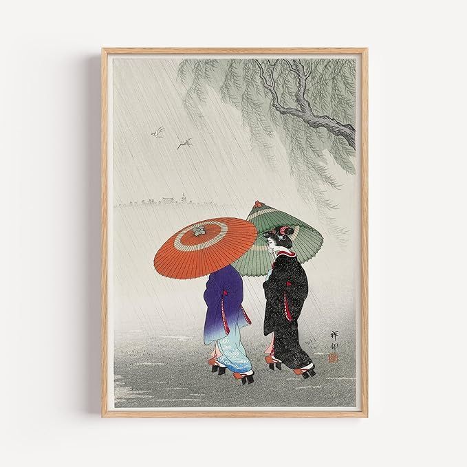 Rainy Day Geisha Art Print – Japanese Ukiyo-e Inspired Wall Décor with Parasols