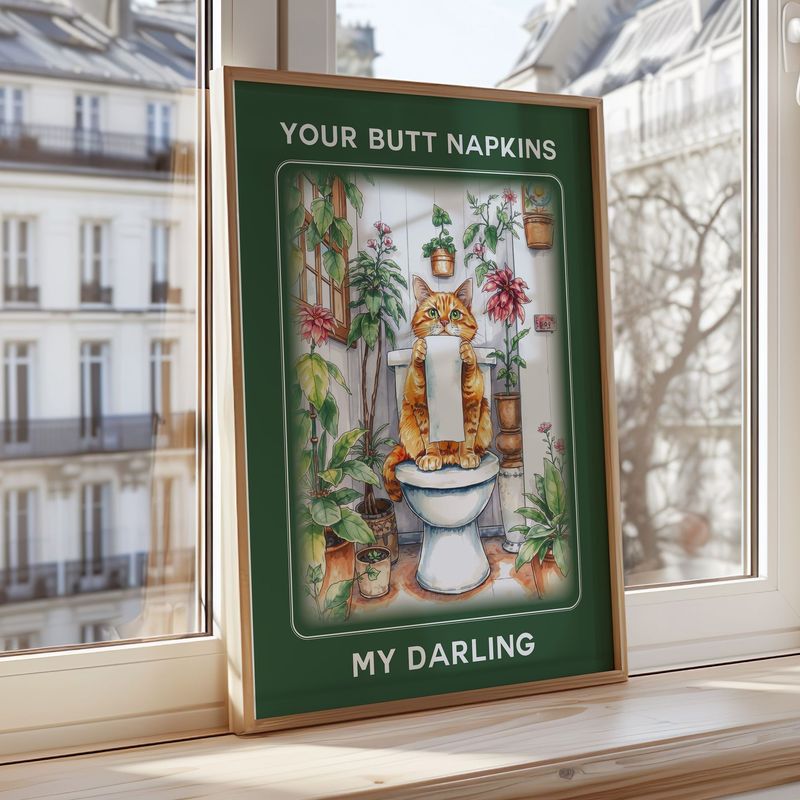 Funny Cat Bathroom Wall Art Print – “Your Butt Napkins My Darling” – Whimsical Toilet Humour Poster – Gift for Cat Lovers