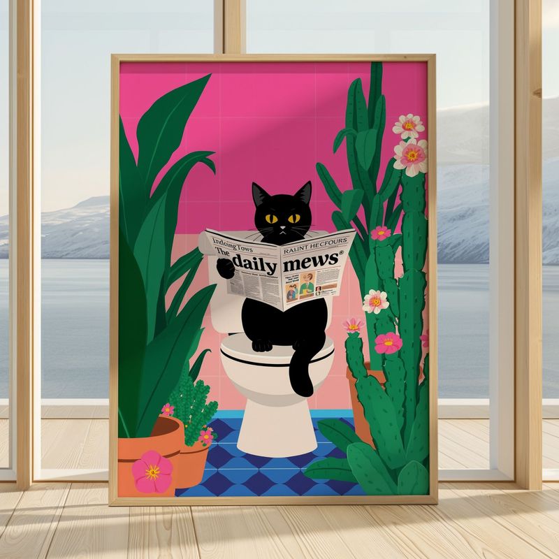 Funny Black Cat Bathroom Wall Art – Cat Reading "Daily Mews" on Toilet Print – Whimsical Pink Bathroom Decor – Cute Cat Lover Gift