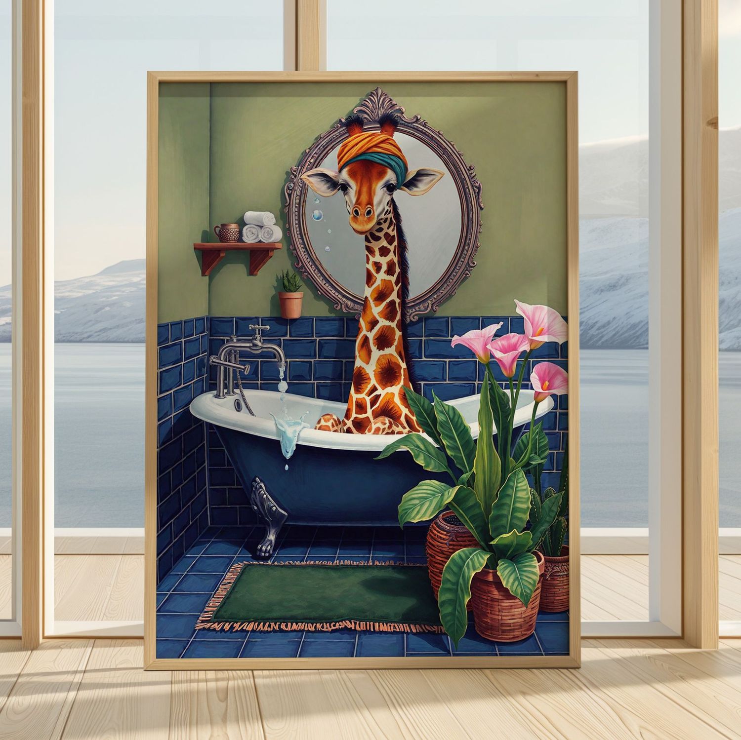 Funny Giraffe in Bathtub Bathroom Art Print – Whimsical Animal Wall Décor for Kids & Guest Bath
