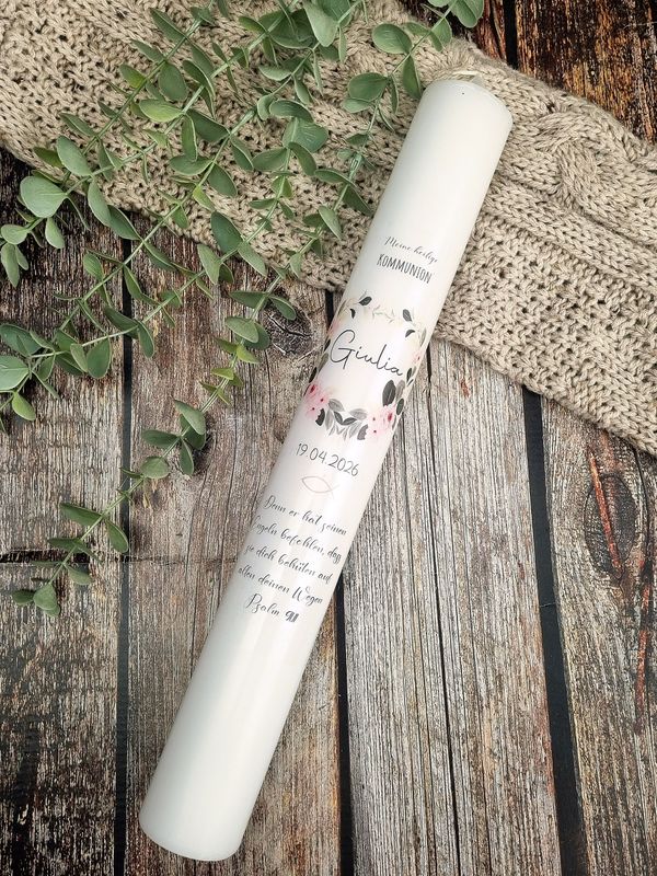 Personalisierte Kommunionkerze für Mädchen mit zartem Blumenkranz, Name & Datum. Zeitloses Design
