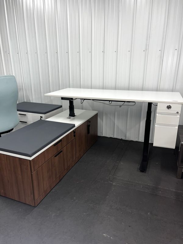 72x72 White & Walnut Sit Stand W/ Attached Lower Storage